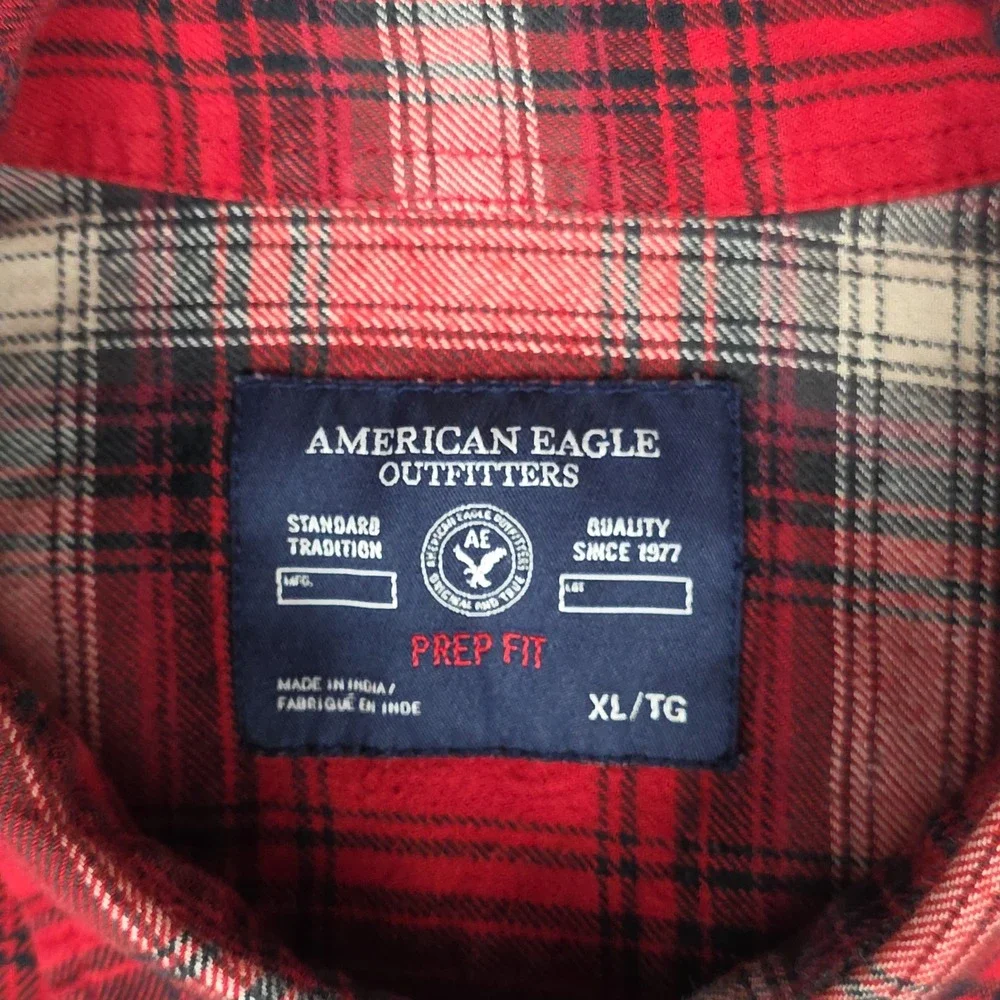 American Eagle Prep Fit Plaid Button Down Shirt Mens XL Red Flannel Cotton